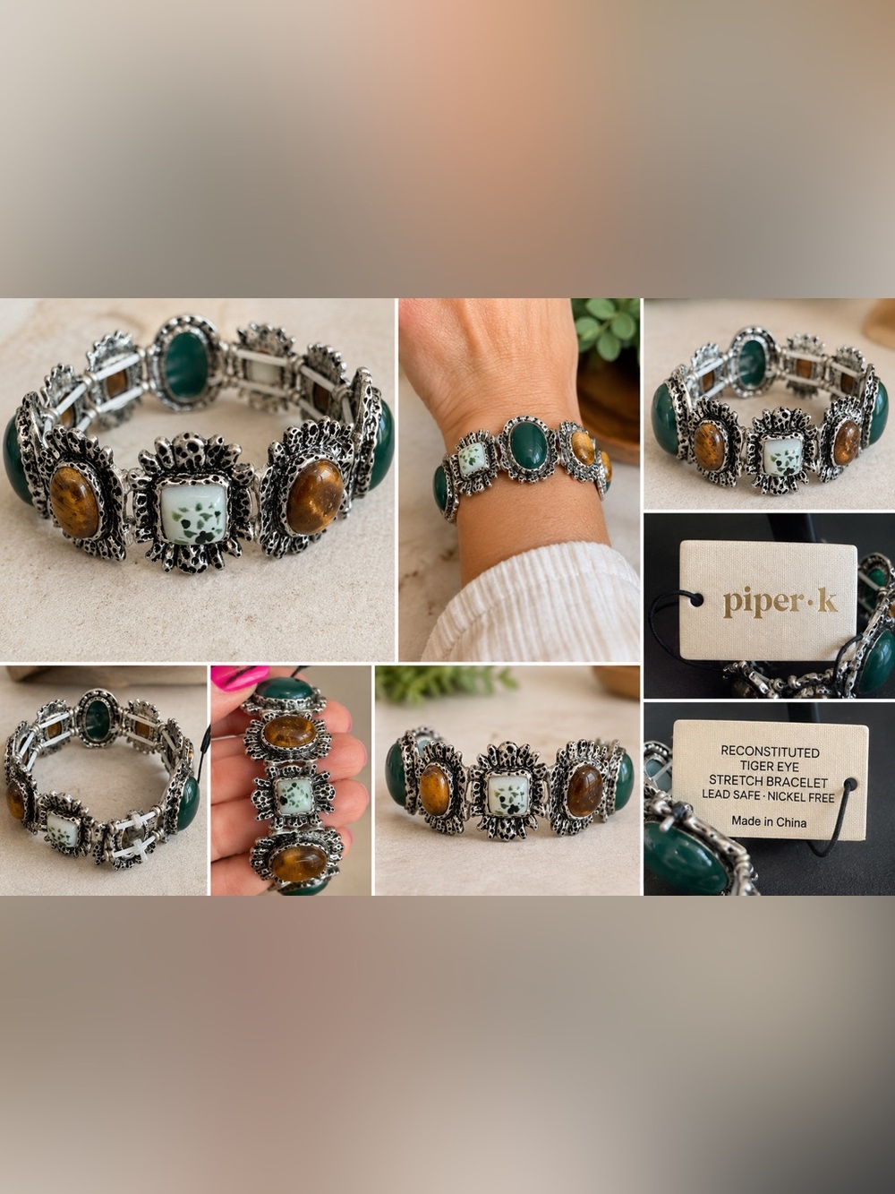Piper K | Silver-Tone Southwestern Boho Reconstituted Tigers Eye Bracelet